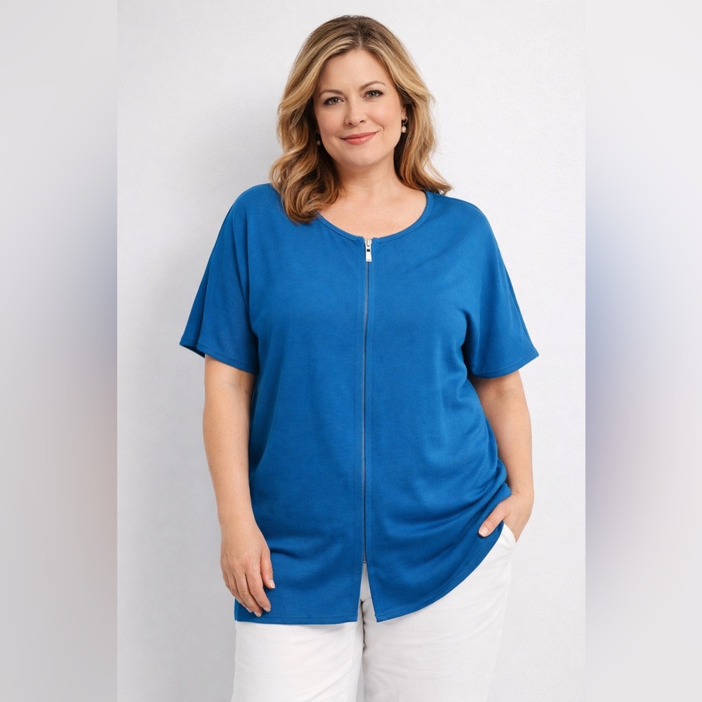 St. John Zip Front Blue Wool Blend Womens Blouse